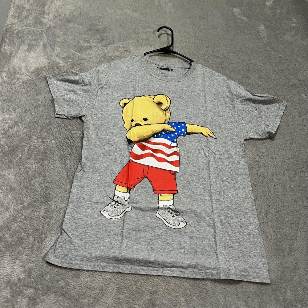 Hardten Shirt Mens Medium Gray Dabbing Teddy Bear USA Flag Graphic Tee Patriotic